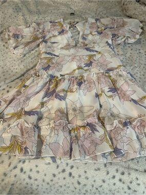 Ivory Floral Ruffle Mini Dress - White with Pastel Print